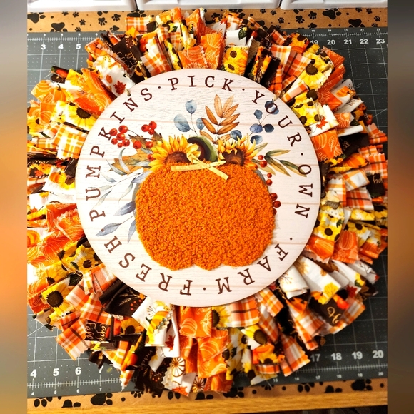 Autumn Pumpkin Fabric Wreath with Orange Accents Handmade